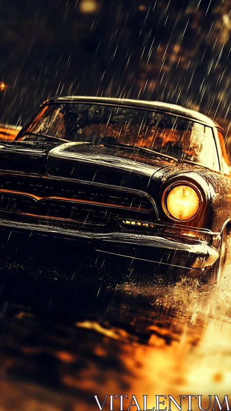 Classic black car races through heavy night rainstorm.
