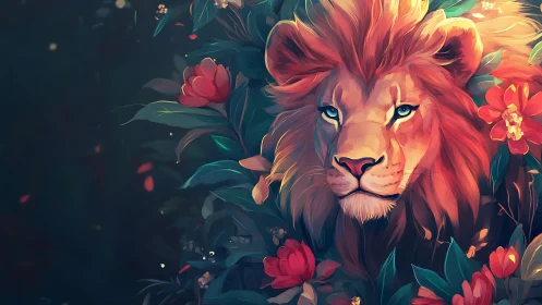 Digital painting of floral-crowned lion in chromatic contrast.