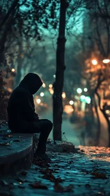 Hooded figure sits on wet cobblestone path at dusk