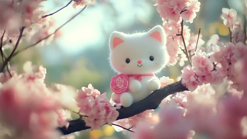 Ceramic Maneki-Neko Positioned Among Blooming Cherry Blossom Branches.