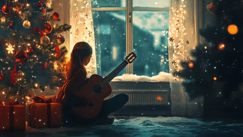 Girl with guitar savoring cozy Christmas tree magic.