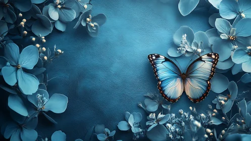 Elegant Blue Butterfly Amidst Flowers, Dreamy Artistic Still Life.