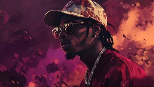 Digital portrait of urban musician in vivid sunset hues.