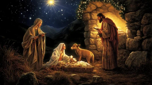 Nativity night scene with infant in manger and bright star.