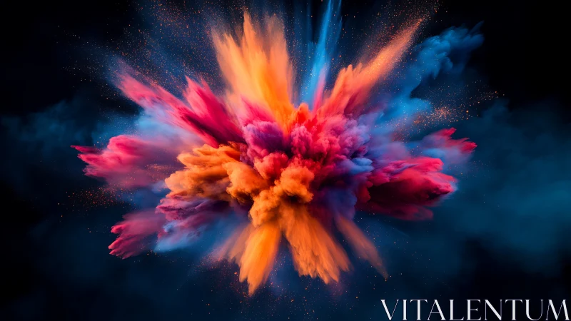 Color powder explosion forms dense radial cloud in dark space
