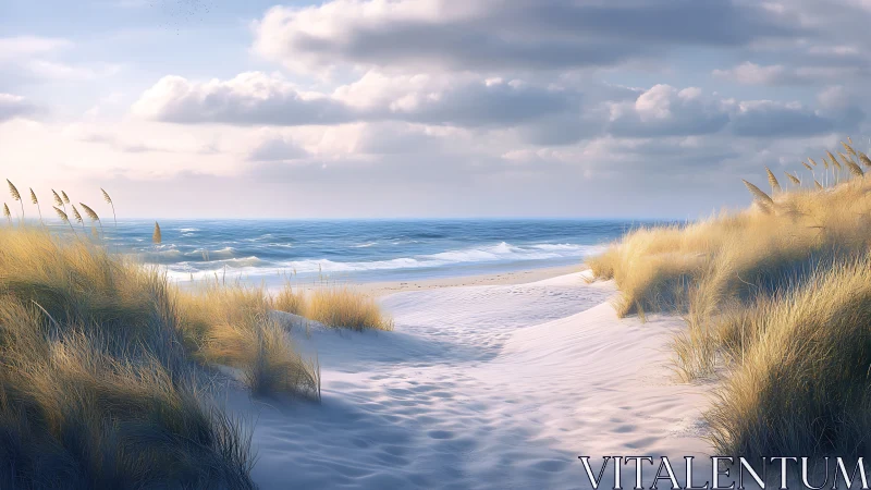 Sunlit sand dunes open toward a tranquil blue shoreline.