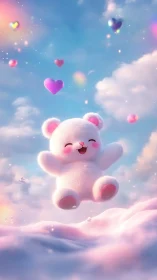 Fluffy white bear floats joyfully among pastel heart clouds