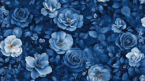 Blue floral arrangement with roses and delicate blooms densely layered.
