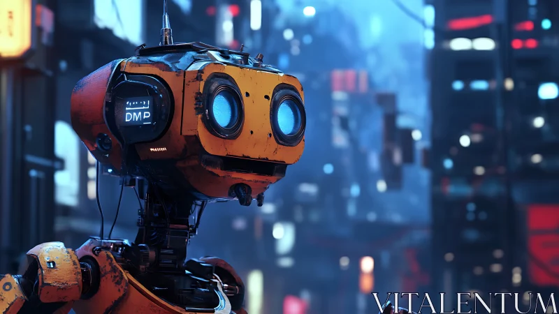 Rusty orange robot gazes upward in neon city nightscape.