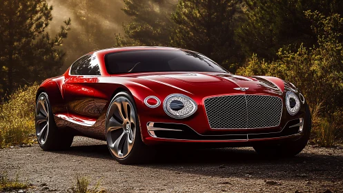 Crimson grand tourer coupe with reflective chrome detailing.