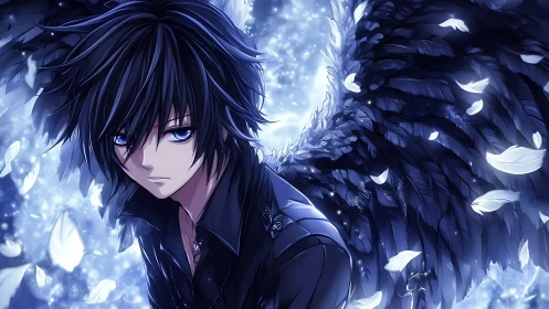 Blue-eyed dark angel framed by luminous falling feathers