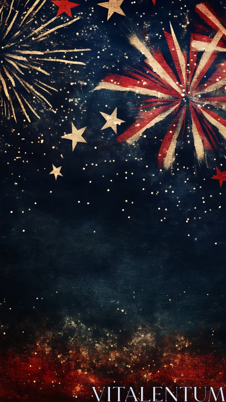 Patriotic fireworks and stars on textured night sky background.