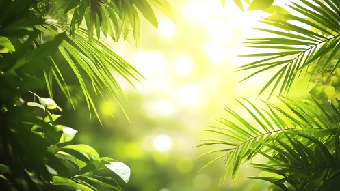 Sunlit green foliage with blurred bright background bokeh.