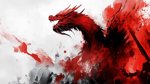Brushstroke-rendered red dragon head emerges from chaotic splashes