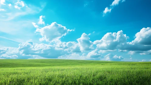 Open grassy field under bright blue sky with clouds.