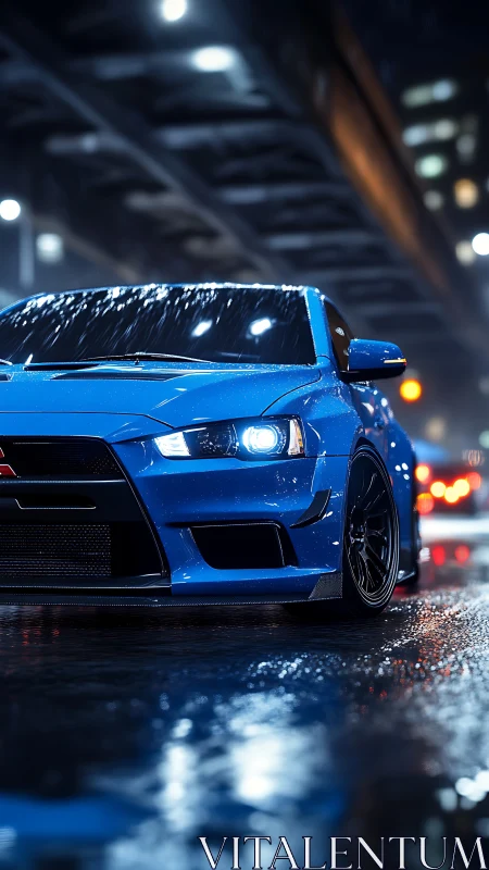 Blue sports sedan under city bridge on wet night street.