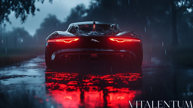 Rear rain-soaked hypercar with emissive taillight reflections.