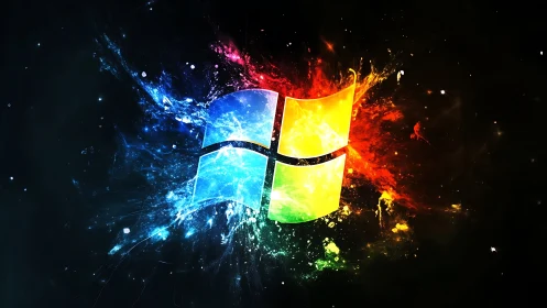 Explosive multicolor window emblem in cosmic darkness.