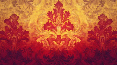 Baroque floral crest glowing in molten red and gold tones.