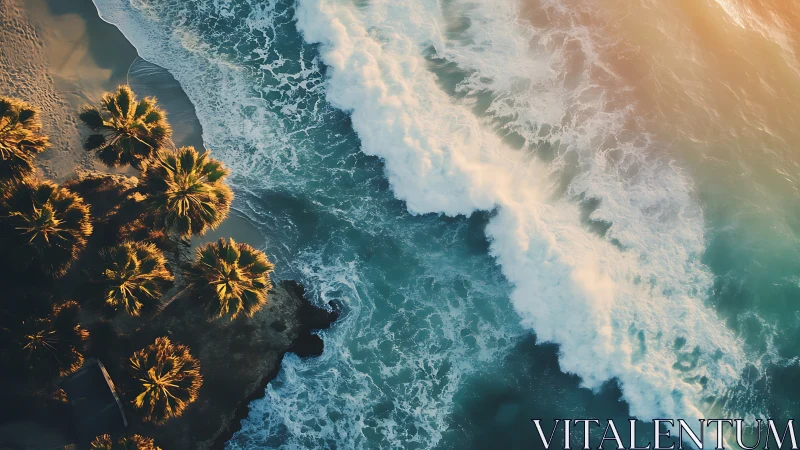 Golden sunset light washes over palm-fringed surfline.