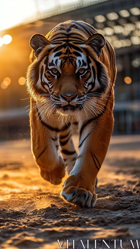 Tiger walking on sunlit sand in urban edge environment.