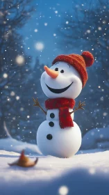 Joyful snowman smiles under gentle evening snowfall