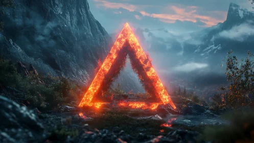 Glowing lava triangle ignites a misty mountain valley at dusk.