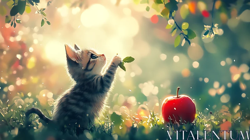 Kitten reaches toward suspended foliage and fruit in luminous garden setting.