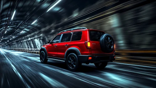 Red SUV driving through illuminated urban tunnel at speed.
