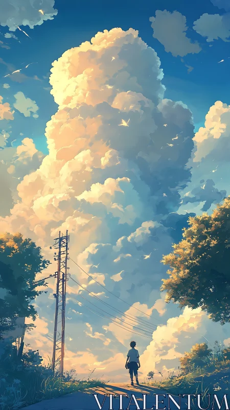 Summer youth under towering cumulus sky in digital art.
