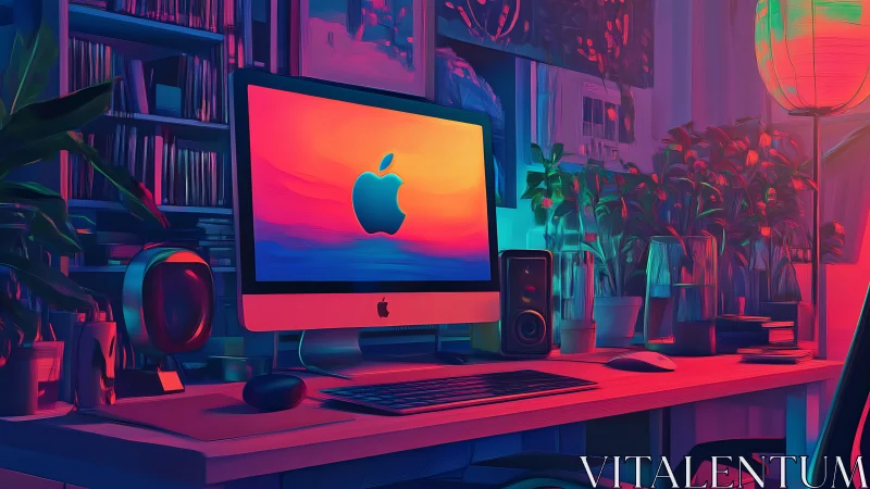 Color-soaked creative desk glows around a sleek iMac display