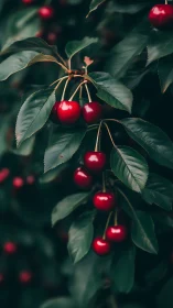 Ripe red cherries on leafy branches in natural soft light.