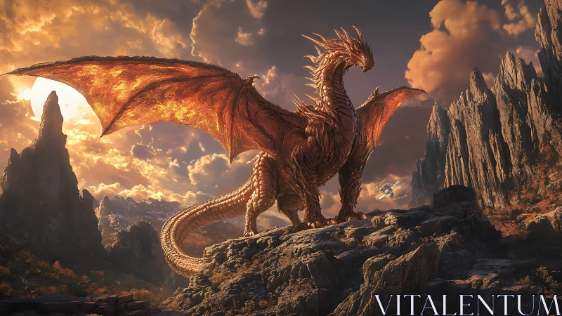 Sunlit crimson dragon guarding jagged mountain pass.