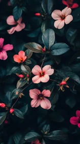 Delicate Pink Blossoms Dancing in Deep Teal Foliage