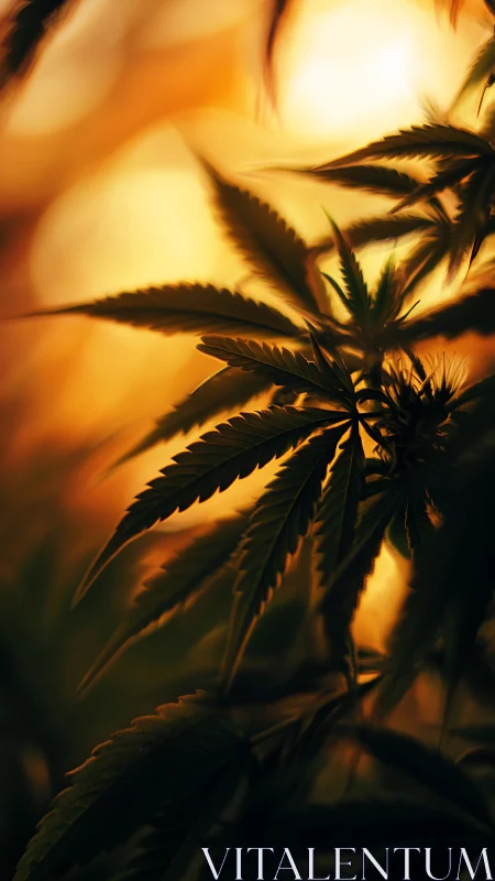 Cannabis plant leaves in warm backlit close-up view.