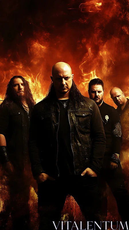 Metal band stands against blazing inferno in dramatic pose