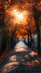 Cobblestone alley under glowing autumn canopy and sunlight