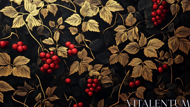 Golden vinework and ruby berries on midnight velvet bloom.