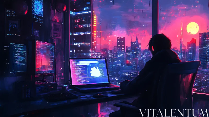 Neon-lit coder bends midnight code beneath electric moon.