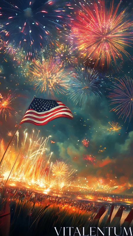 United States flag under dense patriotic fireworks display.