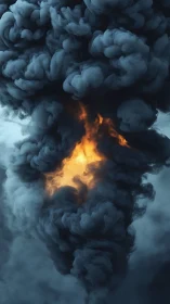 Vertical plume of dark smoke surrounding central fire glow.