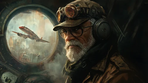 Weathered sky captain studies his passing steel-wing memory