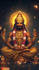 Golden four-armed deity in lotus pose with glowing halo.