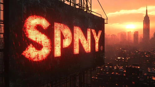 Neon SPNY billboard glows over rainy sunset cityscape.