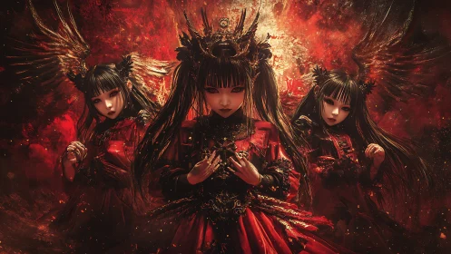 Triptych of gothic winged dolls in baroque crimson inferno lighting