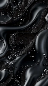 Glossy black liquid waves with reflective droplets texture.