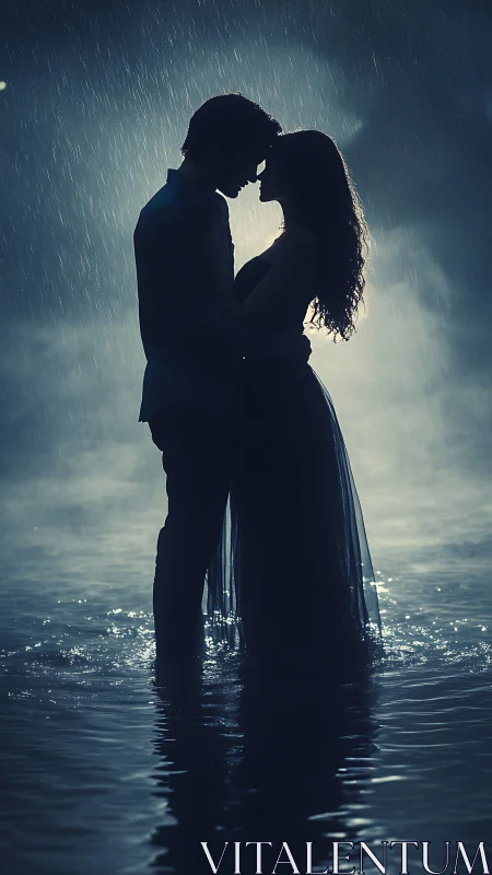 Silhouetted couple embracing in rain over ocean waters