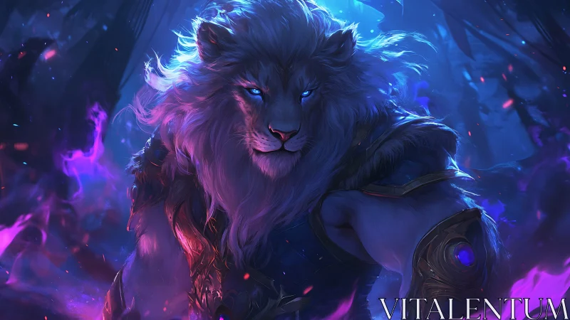 Armored blue-eyed lion warrior in glowing mystical forest.