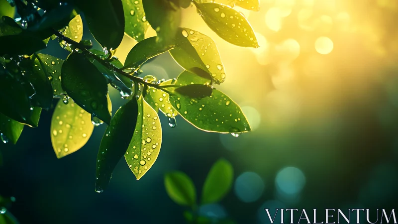 Morning light gently kisses fresh green leaves with dew