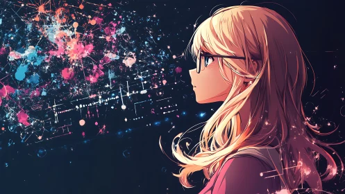 Girl in neon starfield contemplates glowing data cosmos.